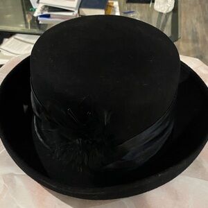 Elegant Black wool Top Hat with Feather Accent